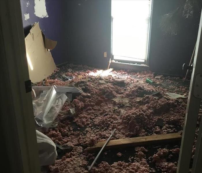 purple room, damage, insulation, debris